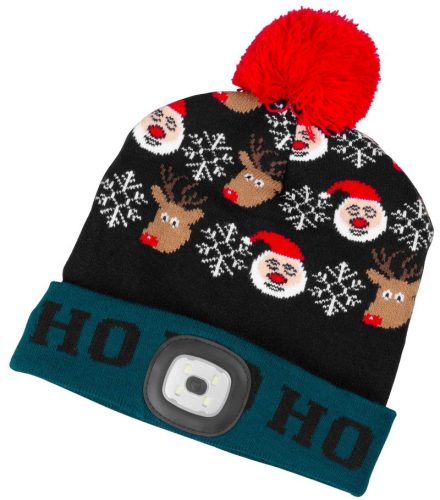 Sapka fejlámpával, Strend Pro, karácsonyi, L méret, fekete/zöld, 4x SMD LED, 60 lm, USB töltés, akkumulátoros, 3 fokozatú fényerő, bojtos, mosható