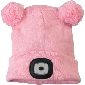   Sapka fejlámpával, Strend Pro, M méret, gyerek, rózsaszín, 4x SMD LED, USB töltés, akkumulátoros, 3 fokozatú fényerő, 2 bojtos, mosható