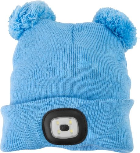 Sapka fejlámpával, Strend Pro, M méret, gyerek, kék, 4x SMD LED, USB töltés, akkumulátoros, 3 fokozatú fényerő, 2 bojtos, mosható