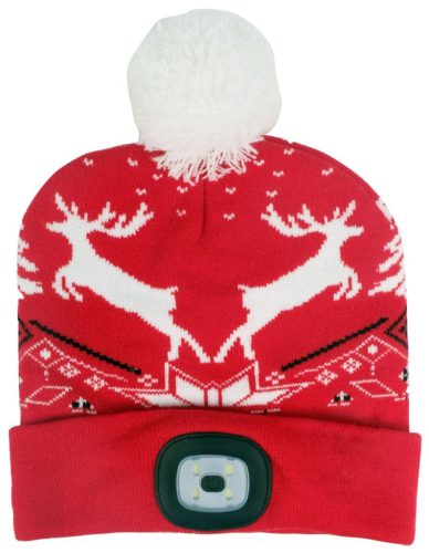 Sapka fejlámpával, Strend Pro, karácsonyi, L méret, piros, rénszarvas mintával, 4x SMD LED, USB töltés, akkumulátoros, 3 fokozatú fényerő, bojtos, mosható