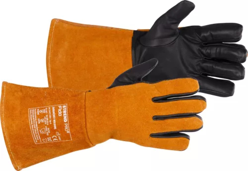 Hegesztőkesztyű, Strend Pro Industrial Fido, narancssárga/fekete, méret: 8/M, kecskebőr, pamut és gyapjú bélés, EN 388 és EN 407, 4 pár
