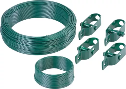 Feszítődrót készlet, Strend Pro Garden, zöld, átmérő: 2, 8 mm, hosszúság: 100 m + átmérő: 2, 0 mm, hosszúság: 25 m, acél, PVC bevonatú, kerítéshez, 4 db drótfeszítő (TC431054)