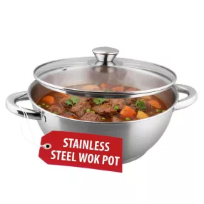   Wok lábas, MagicHome Chloe, 26 cm, 5 l, ezüst, üvegfedővel, 304 rozsdamentes acél, háromrétegű alj, minden főzőlapra, mosogatógépben mosható