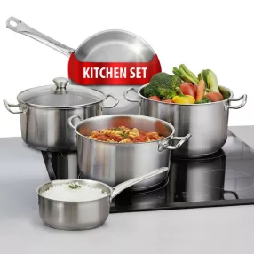   Edénykészlet, MagicHome Chloe, ezüst, 9 db, serpenyő 24 cm, lábasok 3 l, 4 l, 6,6 l, nyeles lábas 2 l, üvegfedővel, rozsdamentes acél, indukciós