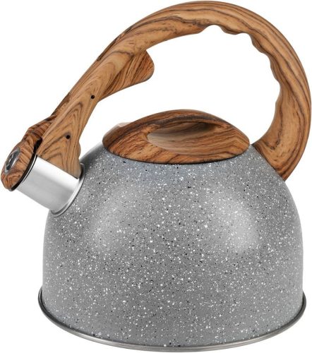 Teáskanna, MagicHome, 2500 ml, szürke, sípoló, rozsdamentes acél, fahatású fogantyú, indukciós kompatibilis