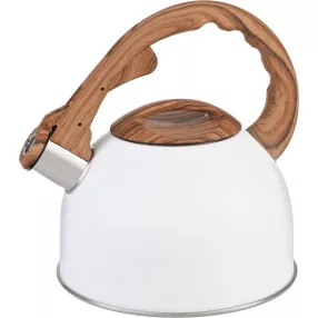   Teáskanna, MagicHome, 2500 ml, fehér, sípoló, rozsdamentes acél, fahatású fogantyú, indukciós kompatibilis