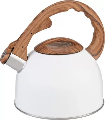 Teáskanna, MagicHome, 2500 ml, fehér, sípoló, rozsdamentes acél, fahatású fogantyú, indukciós kompatibilis
