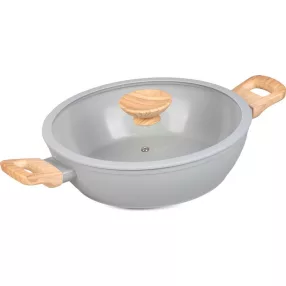   Lábas, MagicHome Harmony, 26 cm, 2,8 l, világosszürke, lapos, üvegfedővel, kerámia, tapadásmentes, indukciós alj, fa hatású fogantyúkkal