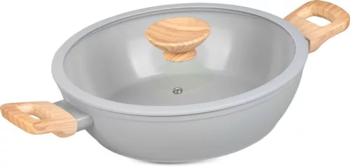 Lábas, MagicHome Harmony, 26 cm, 2,8 l, világosszürke, lapos, üvegfedővel, kerámia, tapadásmentes, indukciós alj, fa hatású fogantyúkkal