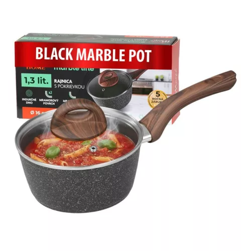 Nyeles lábas, MagicHome Black Marble Line, 16 cm, 1,3 l, fekete, márvány, üvegfedővel, tapadásmentes, indukciós, ergonomikus fa hatású nyél