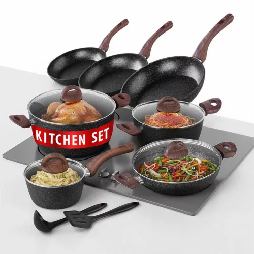 Edénykészlet, MagicHome Black Marble Line, fekete, 13 db, márvány, tapadásmentes bevonat, üvegfedőkkel, indukciós tűzhelyhez, ergonomikus fogantyúk