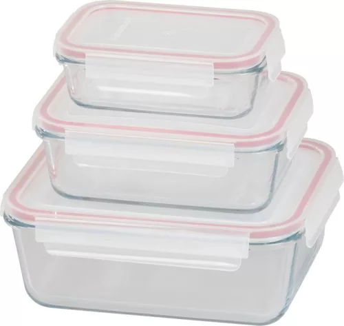 Tárolódoboz szett, MagicHome, átlátszó, 3 db, 400/900/1900 ml, téglalap alakú, fedéllel, hermetikusan záródó, mosogatógépben mosható