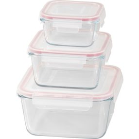   Tárolódoboz szett, MagicHome, átlátszó, 3 db, 450/1000/1900 ml, négyzet alakú, üveg, fedéllel, hermetikusan záródó, mosogatógépben mosható