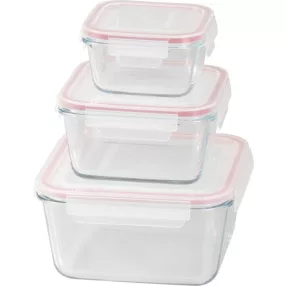   Tárolódoboz szett, MagicHome, átlátszó, 3 db, 450/1000/1900 ml, négyzet alakú, üveg, fedéllel, hermetikusan záródó, mosogatógépben mosható