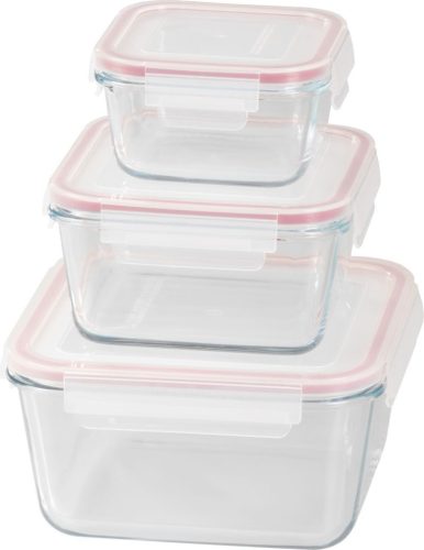 Tárolódoboz szett, MagicHome, átlátszó, 3 db, 450/1000/1900 ml, négyzet alakú, üveg, fedéllel, hermetikusan záródó, mosogatógépben mosható