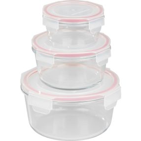   Tárolódoboz szett, MagicHome, átlátszó, 3 db, 370/800/1500 ml, kerek, fedéllel, boroszilikát üveg, mosogatógépben mosható, mikró- és sütőálló