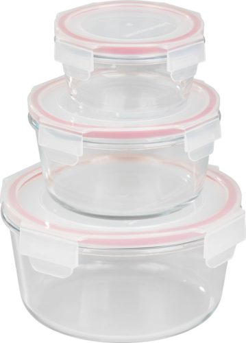 Tárolódoboz szett, MagicHome, átlátszó, 3 db, 370/800/1500 ml, kerek, fedéllel, boroszilikát üveg, mosogatógépben mosható, mikró- és sütőálló