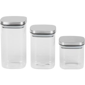   Tárolódoboz szett, MagicHome, átlátszó, 3 db, 800/1100/1500 ml, négyzet alakú, élelmiszerek tárolására, üveg, rozsdamentes acél kupak, mosogatógépben mosható