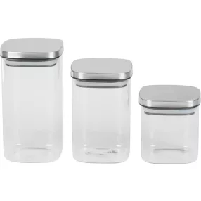   Tárolódoboz szett, MagicHome, átlátszó, 3 db, 800/1100/1500 ml, négyzet alakú, élelmiszerek tárolására, üveg, rozsdamentes acél kupak, mosogatógépben mosható