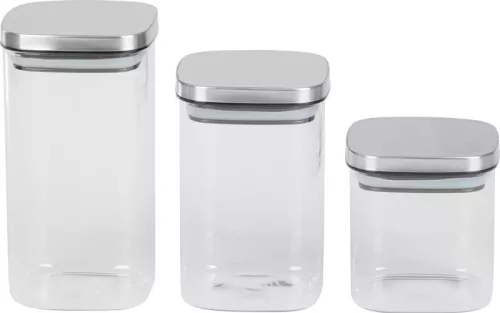 Tárolódoboz szett, MagicHome, átlátszó, 3 db, 800/1100/1500 ml, négyzet alakú, élelmiszerek tárolására, üveg, rozsdamentes acél kupak, mosogatógépben mosható