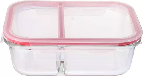 Tárolódoboz, MagicHome, átlátszó, 1,5 l, 22,5 x 17 x 7,5 cm, rekeszes, szilikon tömítés, üveg tál, műanyag fedél