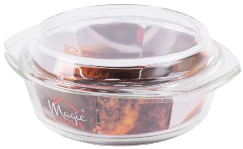 Sütőtál, MagicHome, 1500 ml + 640 ml, átlátszó, 24 × 20,6 × 9,7 cm, kerek, edzett boroszilikát üveg, hőálló -40 – +400 °C, mosogatógépben mosható