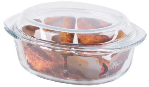 Sütőtál, MagicHome, 3500 ml + 1380 ml, átlátszó, 33,2 × 23 × 13,8 cm, kerek, edzett boroszilikát üveg, hőálló -40 – +400 °C, mosogatógépben mosható