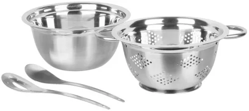 Salátatál készlet, MagicHome, 24 cm, 3 l, 4 részes, rozsdamentes acél, szűrővel és 2 adagoló kanállal, mosogatógépben mosható