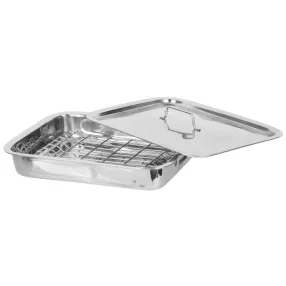   Grill sütőedény, MagicHome, 38 x 28 x 6 cm, ezüst, grillráccsal és fedővel, rozsdamentes acél, mosogatógépben mosható, 350 °C-ig használható