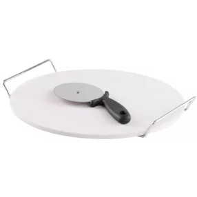   Pizza sütőkő, MagicHome, 33 cm, kordierit, krómozott tartóval, pizzavágóval, sütőbe és grillbe, akár 800 °C-ig hőálló