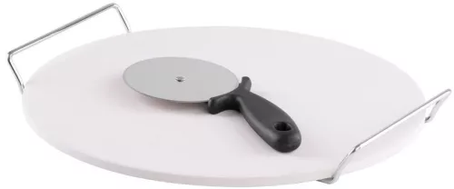 Pizza sütőkő, MagicHome, 33 cm, kordierit, krómozott tartóval, pizzavágóval, sütőbe és grillbe, akár 800 °C-ig hőálló