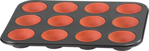 Muffin sütőforma, MagicHome, 12 db, 35 x 26,5 x 3 cm, tapadásmentes, szénacél, szilikon formákkal, 230 °C-ig használható