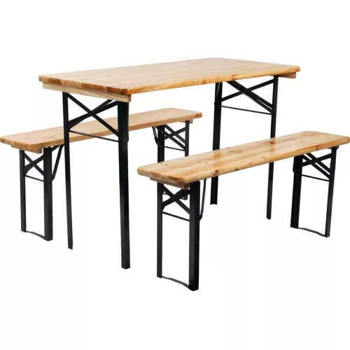 Strend Pro Dortmund Mini3 sörpad szett, 117 x 56 x 76,5 cm, barna, összecsukható fém lábakkal, lakkozott fa felülettel, kültéri használatra