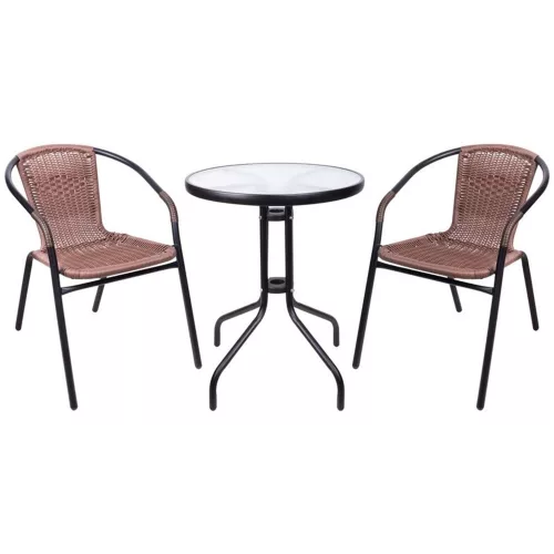 Kerti bútor szett, erélyre/teraszra is, ST Leisure Equipment Alesia, barna, asztal: 70 x 60 cm, 2 db szék: 52 x 55 x 73 cm, polirattan, acél váz, üveg asztallap