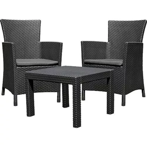 Kerti bútor szett, Keter Rosario, sötétszürke, rattan hatású polipropilén, UV-álló, 3 db, asztal 43 x 59 x 59 cm, 2 fotel, párnákkal