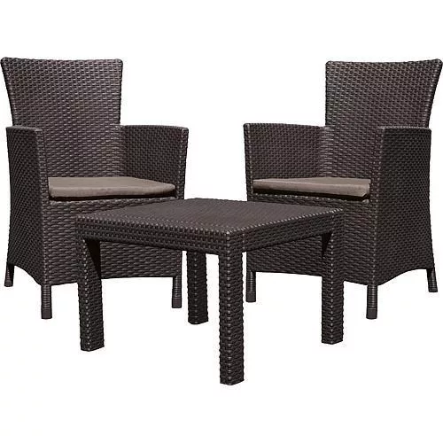 Kerti bútor szett, Keter Rosario, barna, rattan hatású polipropilén, UV-álló, 3 db, asztal 43 x 59 x 59 cm, 2 fotel, párnákkal