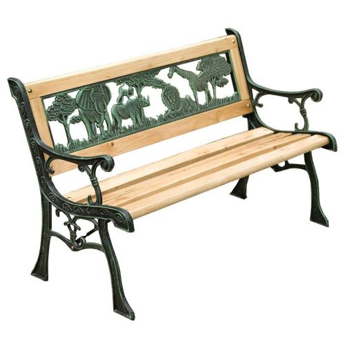 Strend Pro Mini Jumanji gyerek kerti pad, 82 x 39 x 50 cm, barna, öntöttvas háttámlával, fa ülőfelülettel, díszített állatos motívumokkal