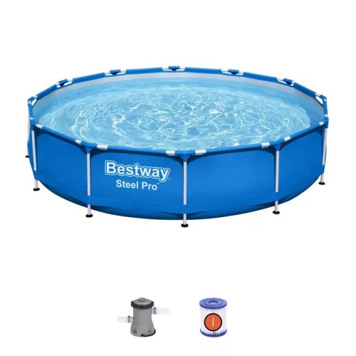 Csővázas medence, Bestway Steel Pro 366 x 76 cm, kerek, papírszűrős szűrővel, DuraPlus falazat, korrózióálló fémkeret, leeresztő szeleppel, 6473 l (56681)
