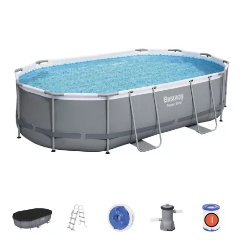 BESTWAY Power Steel csővázas medence szett, 488 x 305 x 107 cm, ovális, papírszűrős, létrával, ChemConnect adagolóval, takaróponyvával (56448)