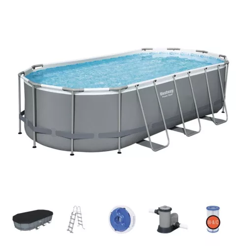 BESTWAY Power Steel csővázas medence szett, 549 x 274 x 122 cm, ovális, papírszűrős, létrával, ChemConnect adagolóval, takaróponyvával (56710)