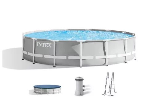 Fémvázas medence szett, Intex, Prism Frame Premium 26724, 457 x 107 cm, patronos szűrőszivattyú 3785 l/óra, biztonsági létra, fedőponyva, alátét