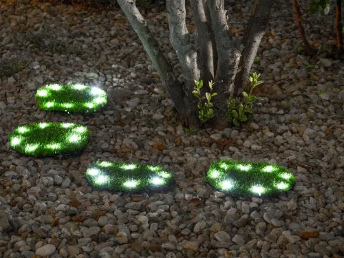 Napelemes kerti lámpa, Strend Pro Garden 6155, zöld, kör alakú gyepburkoló lapok, 24 cm, 4 db, 4 x 8 LED, műfűből készült, akkumulátoros