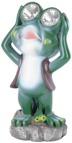 Kerti dekoráció, Strend Pro, béka figura, 14 x 12 x 25 cm, poligyanta, 2 LED, napelemes és elemes (1 db AAA)