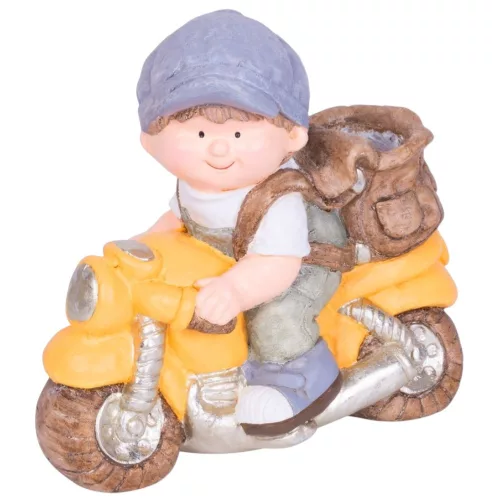 Kerti dekoráció, MagicHome, kisfiú motoron, sárga, 38 x 20 x 36 cm, kerámia, egyben virágtartó is (TC8091266)