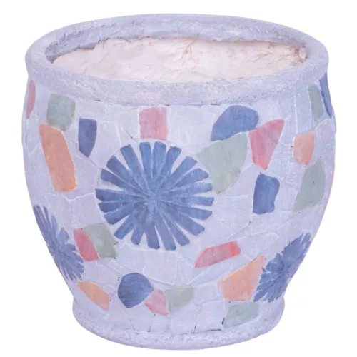 Kerámia virágcserép, MagicHome, szürke, mozaikkal díszített, átmérő: 27,5 cm, magasság: 25 cm, kézzel kirakott minták, kerek