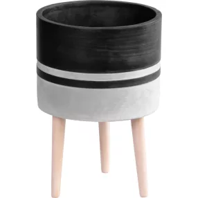   Kerámia virágcserép, MagicHome, világosszürke/sötétszürke, átmérő: 22 cm, magasság: 31 cm, fa lábakkal, hengeres, kerek