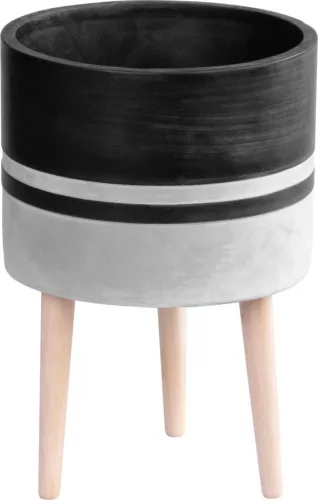 Kerámia virágcserép, MagicHome, világosszürke/sötétszürke, átmérő: 22 cm, magasság: 31 cm, fa lábakkal, hengeres, kerek