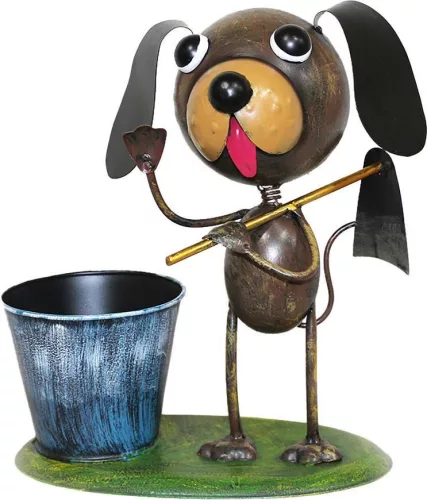 Kerti dekoráció, MagicHome Mecco, kutya kapával, barna, 27 x 16 x 29 cm, fém, egyben virágtartó is (TC8091797)