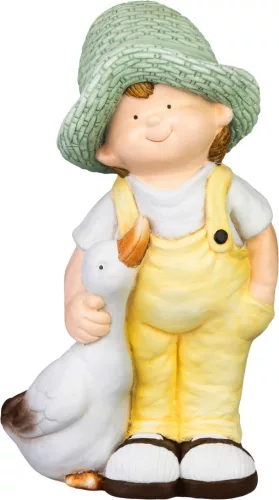 Kerti dekoráció, MagicHome, kisfiú libával, sárga, 15,5 × 25,5 × 44,5 cm, kerámia