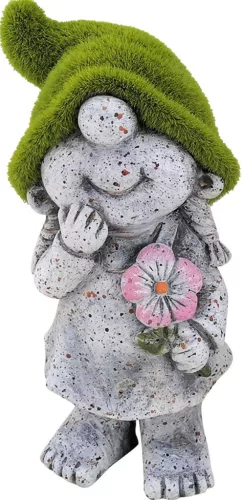 Kerti dekoráció, MagicHome, lány zöld kalappal, 9,5 x 6,5 x 17,8 cm, kerámia